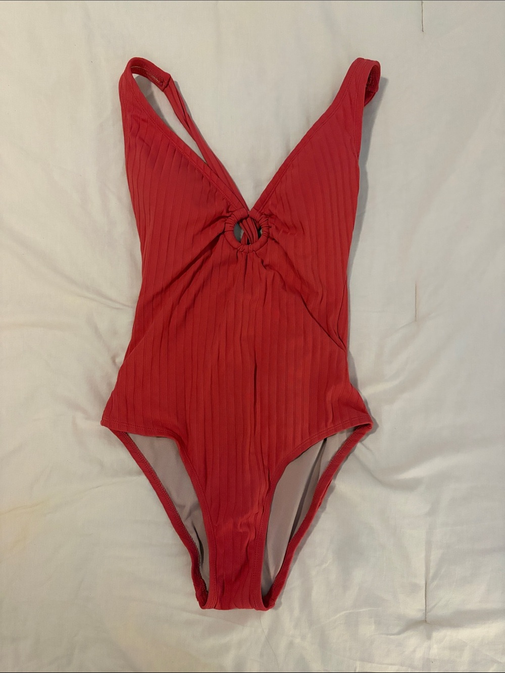 Kona Sol dark Coral Ribbed One-Piece Swimsuit with Front Ring Detail